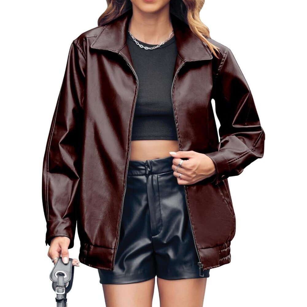 Women's Dark Brown Faux Leather Casual Zip Up Trendy Bomber Motorcycle Jacket